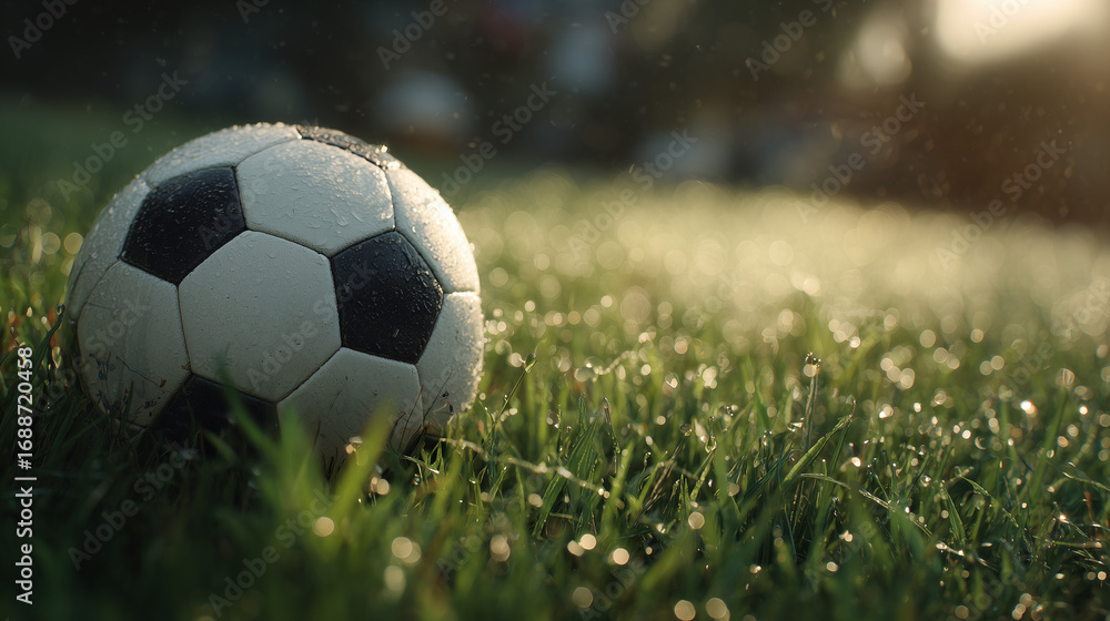 Fototapeta premium Close-up of a soccer ball on grass illuminated by morning sunlight, dew on the field, cinematic lighting