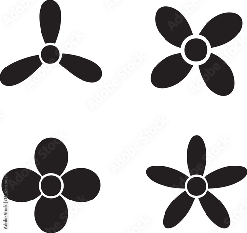 Set of Black Fan and Propeller Silhouettes on White Background – Vector Icons Collection 