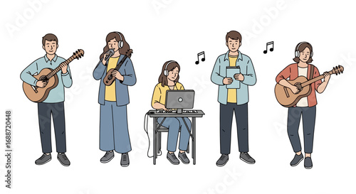 Diverse music band illustration featuring musicians playing instruments and recording music, suitable for music education, online courses, and creative projects