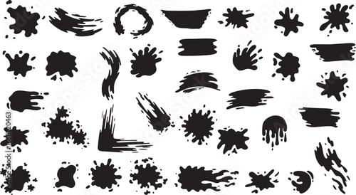 Hand-Drawn Ink Splatter and Brush Strokes, Creative Design, Black and White, Dynamic, Artistic, Expressive, Minimalist, Bold, Quirky, Organic, Unique, Energetic, Raw, Textured, Decorative, Abstract, G