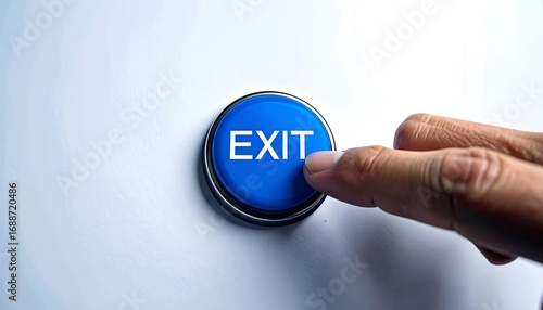 A hand presses a blue exit button