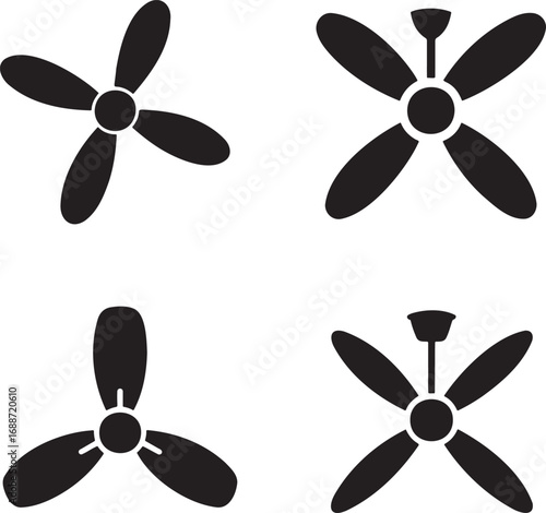 Set of Black Fan and Propeller Silhouettes on White Background – Vector Icons Collection 