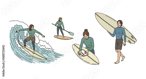 Diverse Surfing Activities Depicted in Hand-Drawn Style for Water Sports Enthusiasts and Summer Adventure Marketing Campaigns
