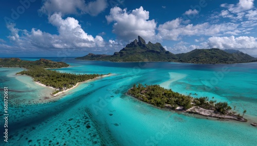 Aerial view of turquoise lagoon islands. Lush vegetation, dramatic mountains