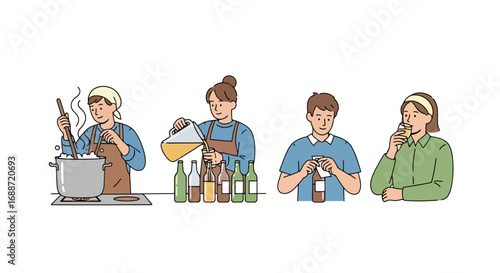 Illustrated depiction of a small food business, showing cooking, bottling, labeling, and communicating. Suitable for representing entrepreneurship, craft food production, or small business operations.