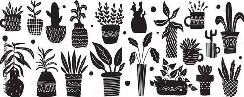 Potted Plant Silhouettes with Botanical Theme, Black and White, Artistic, Minimalist, Natural, Illustrated, Expressive, Unique, Simple, Organic, Whimsical, Leafy, Verdant, Serene, Nature-Inspired, Dec