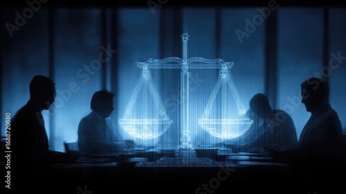 Legal team in strategy meeting with justice scale graphic on screen symbolizes planning fairness ethics accountability governance legal responsibility protection transparency law