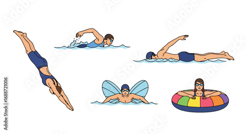 Diverse collection of swimming styles and water activities illustrations for instructional materials, fitness promotions, or recreational guides