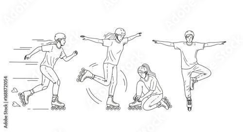 Line art illustration showcasing roller skating poses and actions, suitable for instructional guides, fitness blogs, or skating equipment advertising