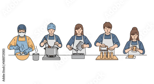 Illustration of diverse individuals engaged in food preparation, showcasing cooking processes and techniques for culinary demonstrations