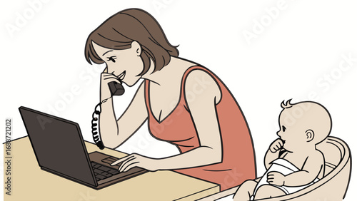 Working mother with baby multitasking laptop phone illustration childcare business family home office digital nomad parenthood motherhood work from home freelance remote work flexible working woman i.