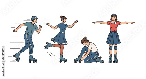 Vector illustration showcasing woman roller skating in various poses, offering dynamic visuals for fitness guides, recreational activity advertisements, and lifestyle content