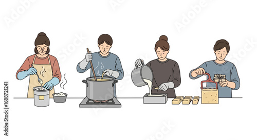 Illustrative depiction of a culinary process involving food preparation, cooking, and packaging for demonstrating food production, recipes, or educational materials