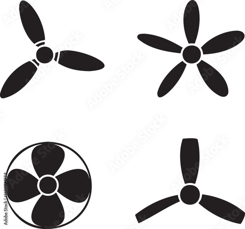 Set of Black Fan and Propeller Silhouettes on White Background – Vector Icons Collection 