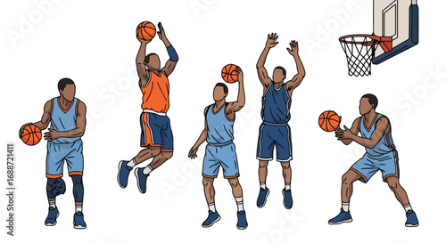 Dynamic basketball players in various action poses, demonstrating shooting, dribbling, and jumping skills for sports training and athletic illustrations.