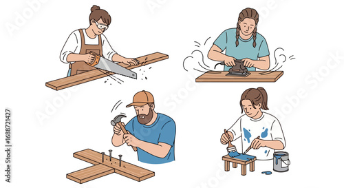 Diverse crafting activities illustration showcasing woodworking, sanding, hammering, and painting, ideal for DIY projects, educational resources, or hobby-related content