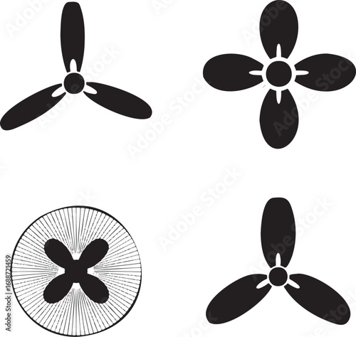 Set of Black Fan and Propeller Silhouettes on White Background – Vector Icons Collection 