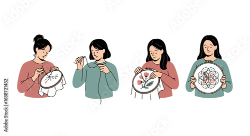 Diverse group of women engaged in embroidery, showcasing various skill levels and designs for craft projects and creative hobbies