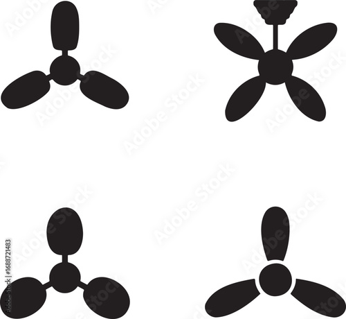 Set of Black Fan and Propeller Silhouettes on White Background – Vector Icons Collection 