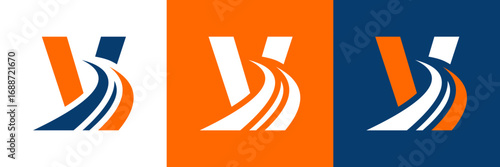Letter V with road logo, road icon, highway, lane icon, logo design in three colors vector