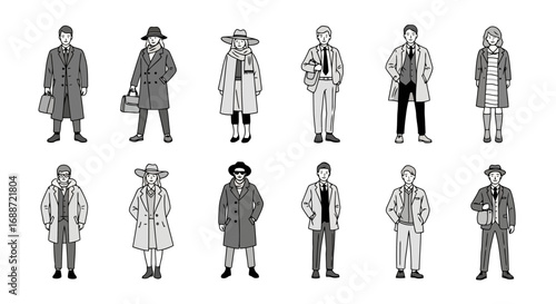 Diverse group of stylishly dressed people in grayscale, showcasing a variety of contemporary outerwear and fashion accessories for design projects