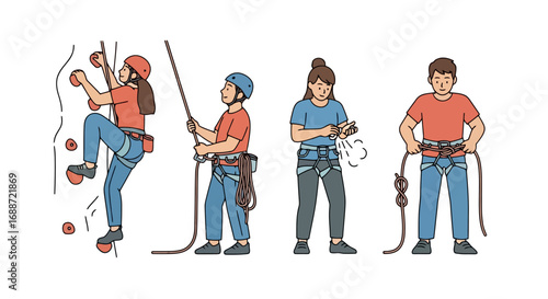 Diverse group of people preparing for and engaging in rock climbing activities indoors, showcasing safety measures and active lifestyle pursuits