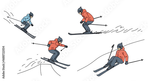 Winter sport illustration depicting a skier in various stances on the slopes, showcasing skiing techniques and winter activities for educational or recreational purposes.