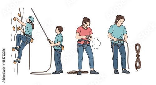 Illustrated guide for rock climbing techniques, safety precautions, and equipment usage for educational materials and outdoor adventure guides