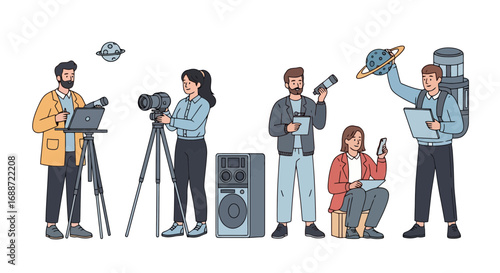 Group of people with astronomical equipment observing space phenomena, suitable for illustrating science, astronomy, education, and creative research concepts