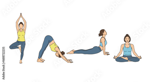 Illustration of various yoga poses, including tree pose, downward-facing dog, cobra pose, and lotus position, for fitness and well-being tutorials