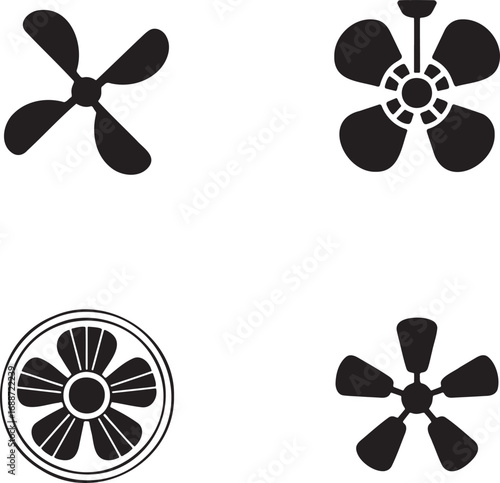 Set of Black Fan and Propeller Silhouettes on White Background – Vector Icons Collection 