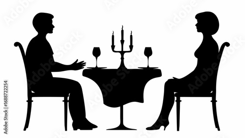 Silhouette of a couple sitting at a table with candles and wine glasses in a romantic setting scene