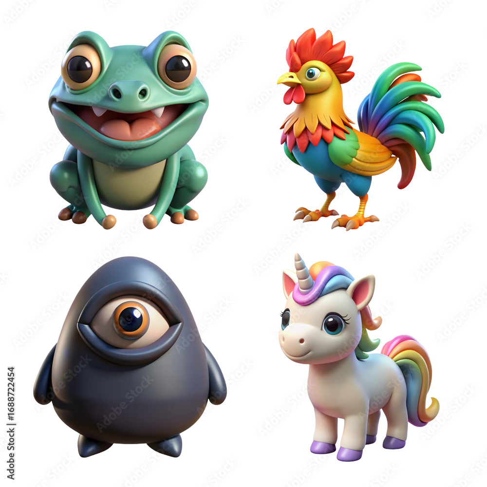 Fototapeta premium 3d mythical creatures icon bundle set featuring frog unicorn rooster and monster graphics transparent background