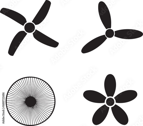 Set of Black Fan and Propeller Silhouettes on White Background – Vector Icons Collection 