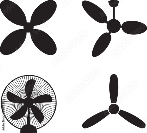 Set of Black Fan and Propeller Silhouettes on White Background – Vector Icons Collection 