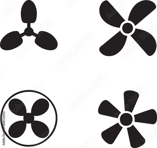 Set of Black Fan and Propeller Silhouettes on White Background – Vector Icons Collection 