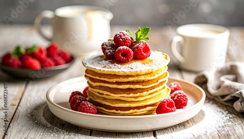 Stack of fluffy pancakes with raspberries and cream