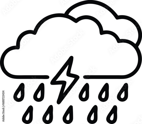 Vector art of a black and white outline illustration of a storm cloud with lightning and heavy rain