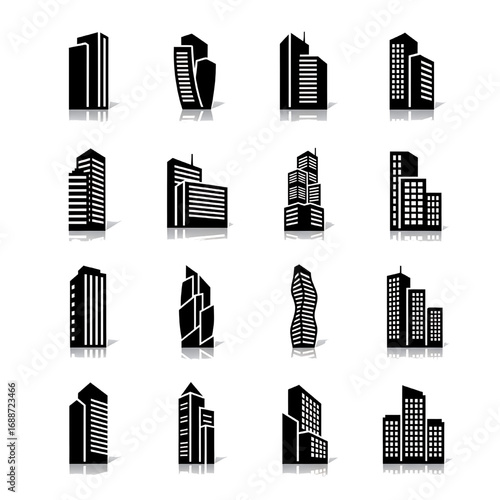 Building Silhouette Icon Set  Black and White Skyscrapers Vector Collection for Real Estate