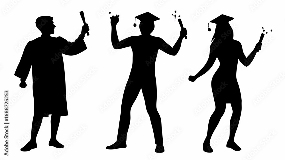 Obraz premium Silhouette of three graduates in caps and gowns holding diplomas and celebrating their achievement together