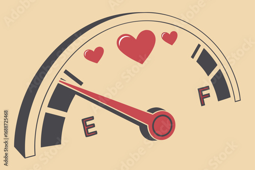 Love fuel gauge illustration with hearts showing emotional energy concept