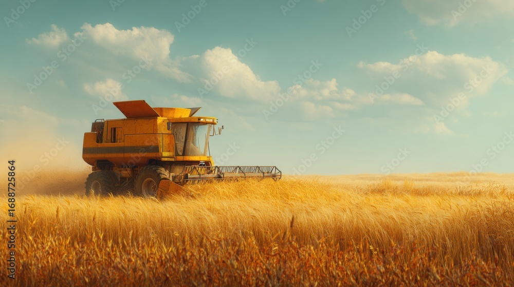 Fototapeta premium A bright yellow combine harvester moves through a golden wheat field, cutting the ripe stalks under a blue sky adorned with fluffy clouds. Dust rises as the machinery works efficiently.