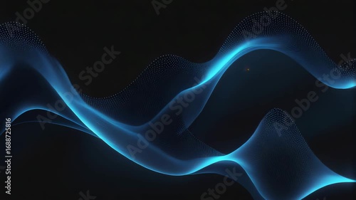 Abstract digital waves made of glowing blue particles. Modern technology data flow on dark background. Science innovation concept.
