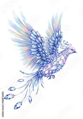 Crystal Phoenix Bird with Gemstone Feathers isolated on a transparent background mythical creature