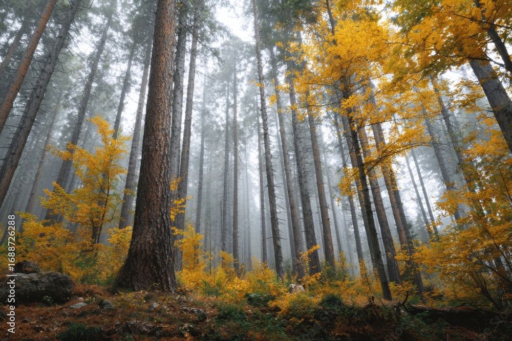 Fototapeta premium Misty autumn forest with tall trees and vibrant yellow leaves