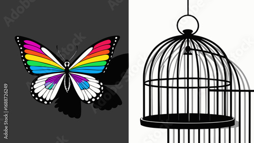 Rainbow butterfly escaping an open birdcage symbolizing freedom