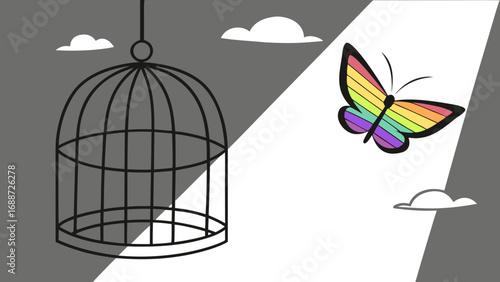 Rainbow butterfly flying out of an empty birdcage into the light