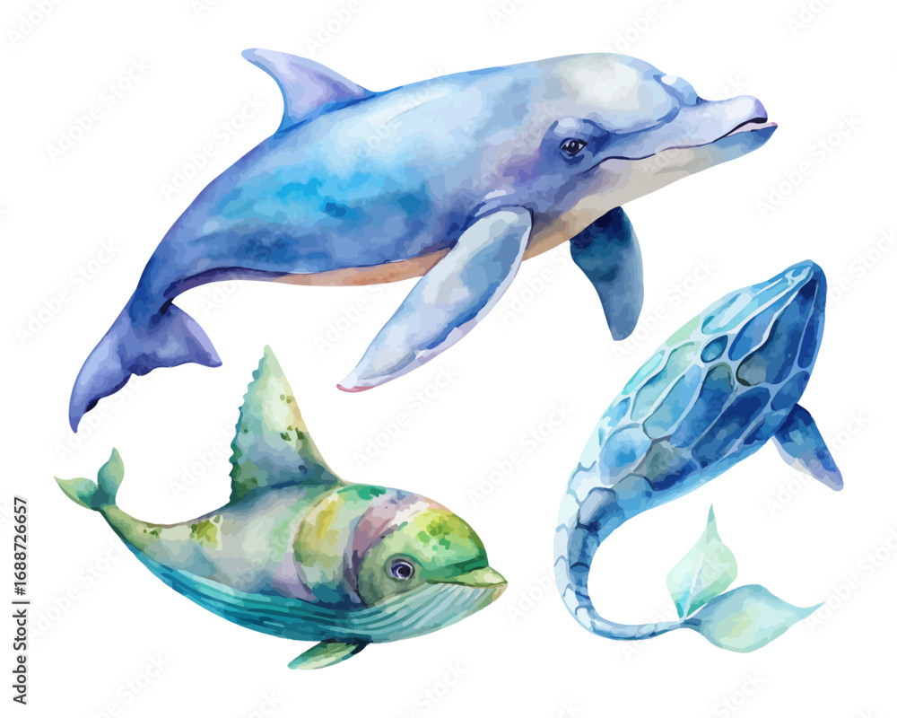 Fototapeta premium Ocean Animal Watercolor Set with Whale, Dolphin, and Sea Turtle