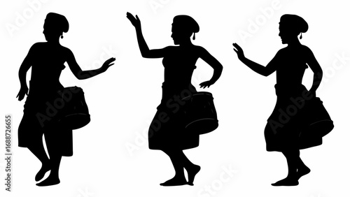 Three silhouettes of women dancing with drums in a traditional style against a white background scene