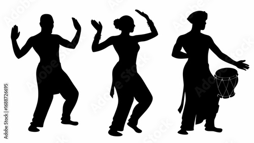 Silhouette of three people dancing and playing a drum in a traditional african style performance art style